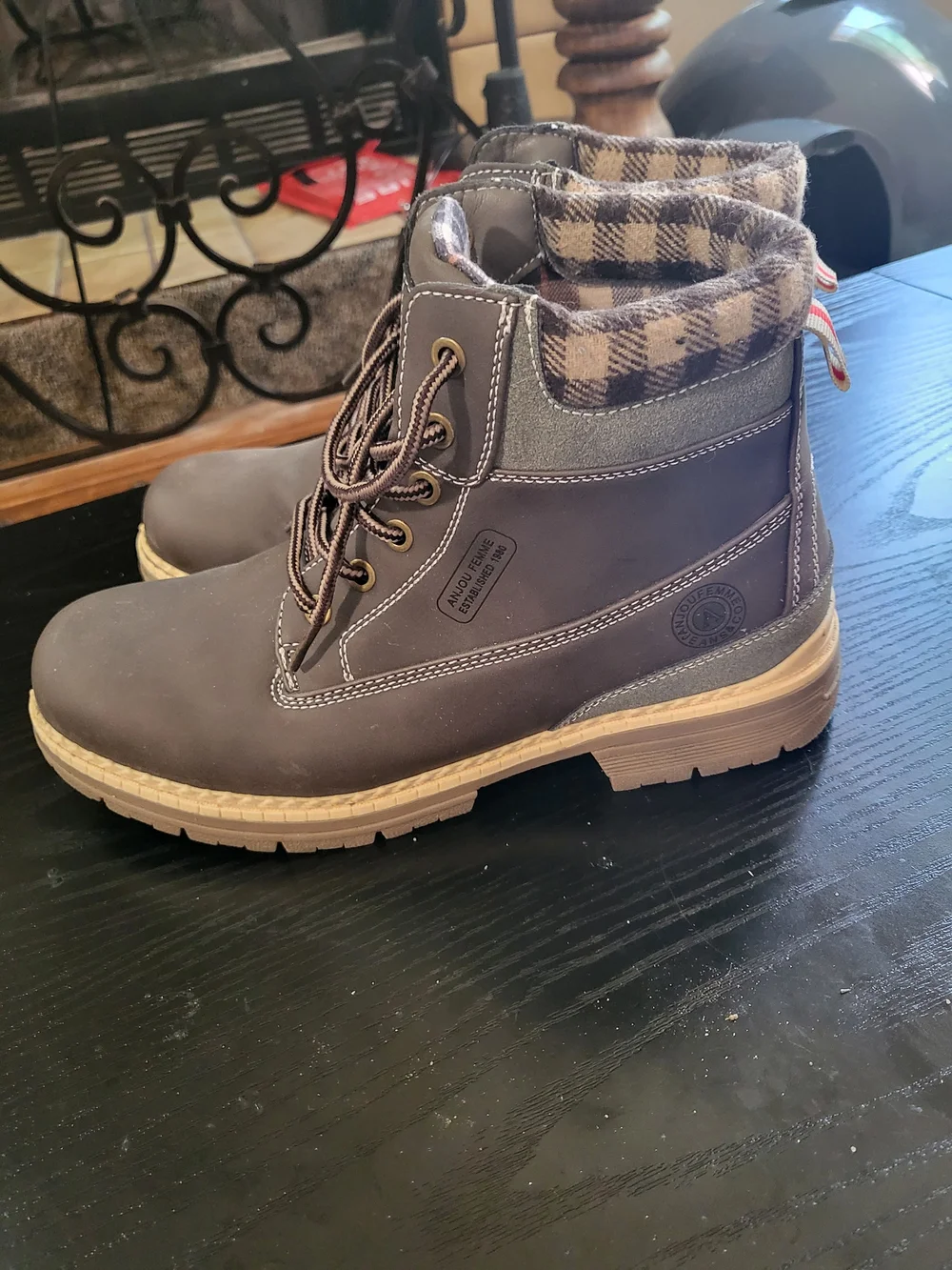 Men's Brown Plaid Collar Lace-Up Work Boots